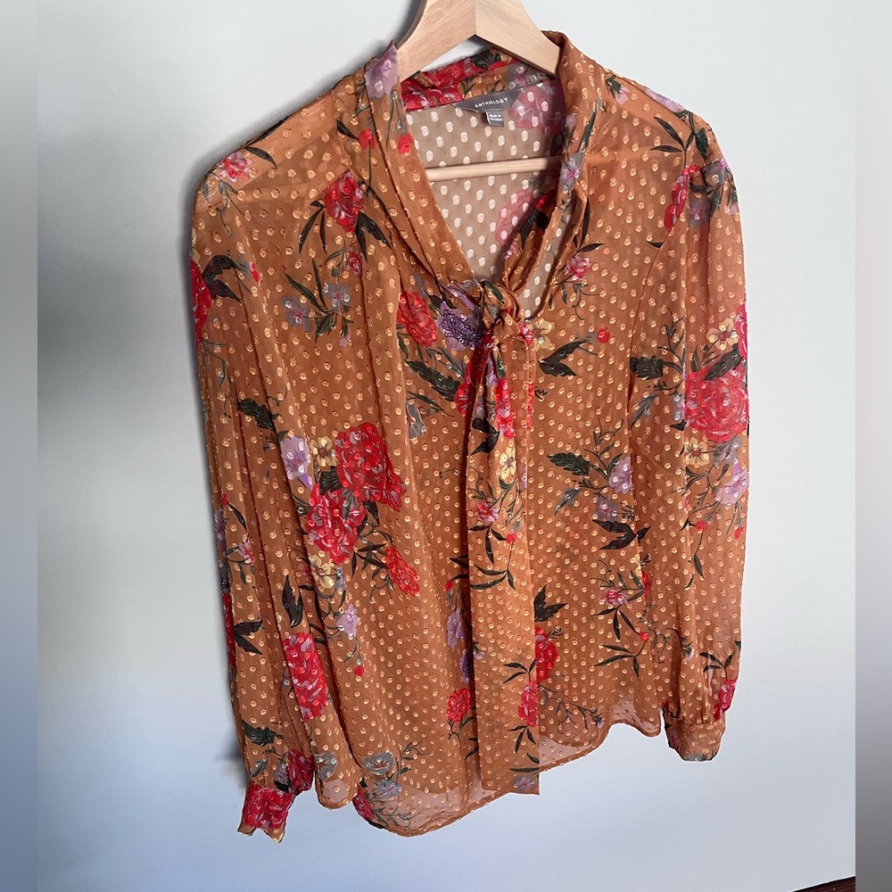 Anthology Tie Neck Floral Clip‎ Dot Blouse Mustard Orange Plus Size 20 JW499